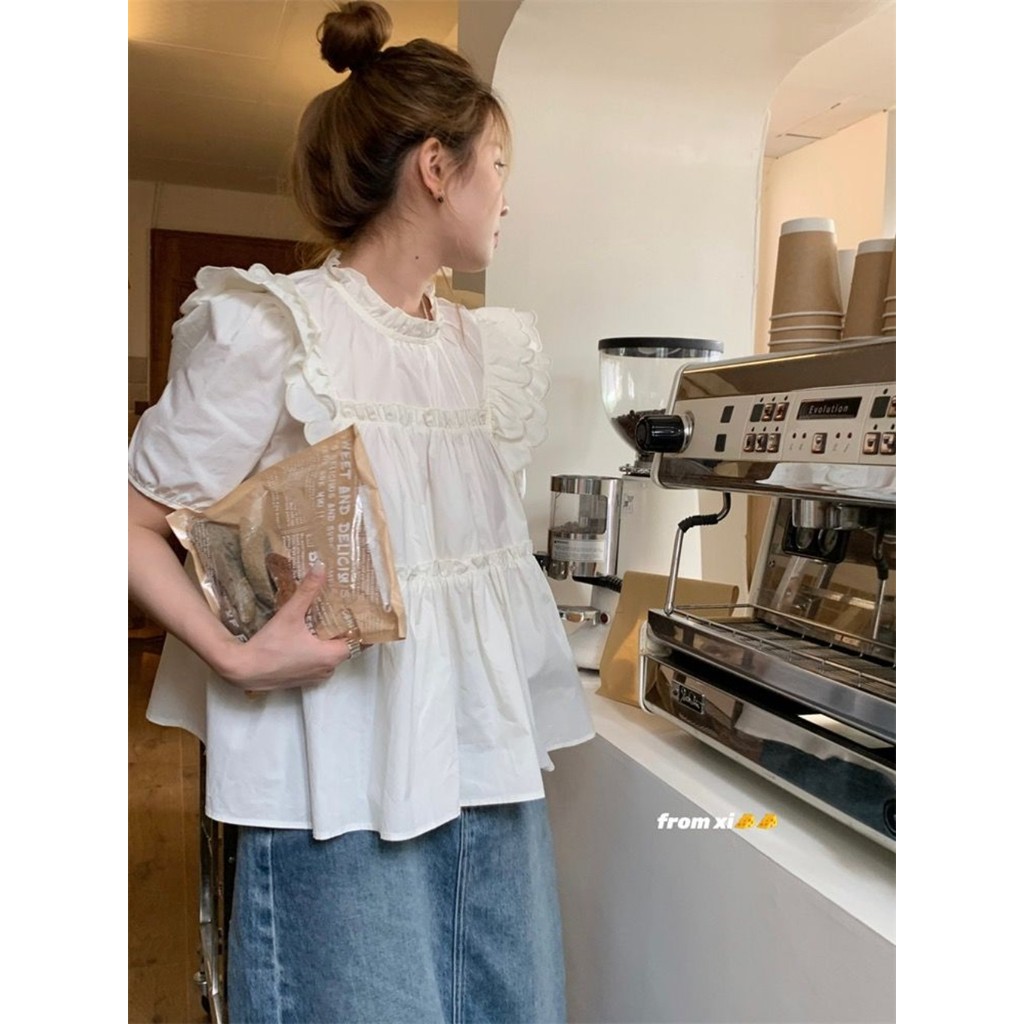 ฤดูร้อนคนตัวเล็กเชื้อราปักแขนสั้นอารมณ์ฝรั่งเศสด้านบนหลวมที่เรียบง่ายอเนกประสงค์ออกแบบซอกเฉพาะเสื้อผู้หญิงเสื้อผ้าผู้หญิง - รูปที่ 2