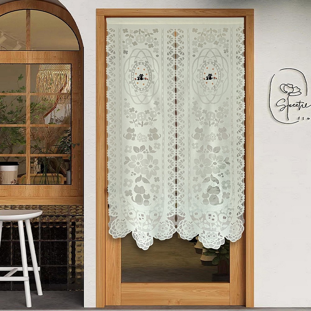 การ์ตูนแมวดําเย็บปักถักร้อยผ้าม่านประตู Scalloped Egdes Exqusite ทอลูกไม้ห้องครัว Valance Farmhouse Deisgn Boho ผ้าม่าน Topper สําหรับ Cafe ชั้นวางหนังสือเนอสเซอรี่ Decor W85xH150 ซม.