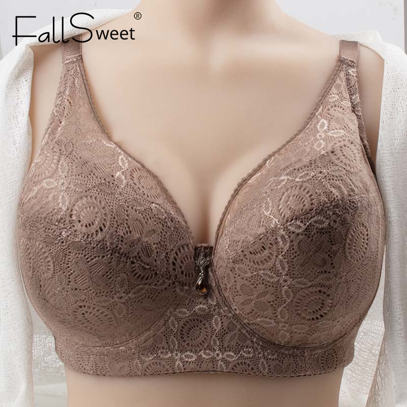 Fallsweet Plus ขนาดลูกไม้ Minimizer Bras Push Up แบบมีสาย Brassiere ผู้หญิงเต็มถ้วย Comfort ชุดชั้นในบาง 36-44 EF