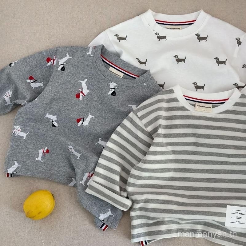 ใส่เดี่ยวได้! เสื้อยืดแขนยาวลายทางสำหรับเด็กชายและเด็กหญิงเกาหลีเสื้อตัวในลายการ์ตูนสำหรับเด็กฤดูใบไม้ร่วง