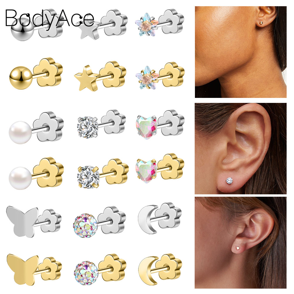 Bodyace 1 Pc 20G ต่างหูสแตนเลสหู Cubic Zircon ต่างหูสตั๊ดด้ายภายในเจาะหู