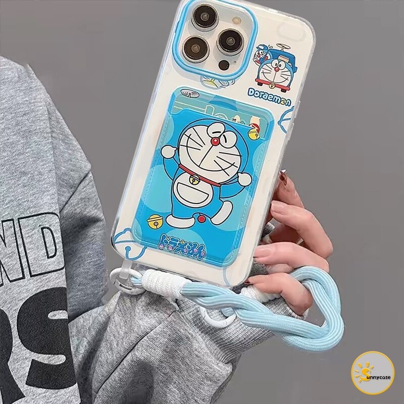 เคสแบบนุ่มคล้องเชือกคล้องใส่บัตรโดราเอมอนสุดน่ารัก เข้ากันได้กับ IPhone 7Plus 13 11 12 14 15 Pro XR Max XS Max X 14 Pro