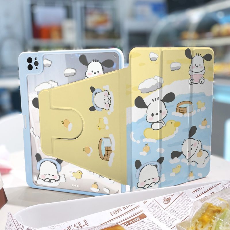360 ° เคส iPad หมุนได้พร้อมช่องเสียบปากกาว่ายน้ําน่ารัก Pochacco อะคริลิค Backboard Pro11 2020 Gen10 Gen9 Gen8 Gen7 Gen6 Gen5 Air6 Air5 Air4 ฝาครอบ iPad หมุนได้