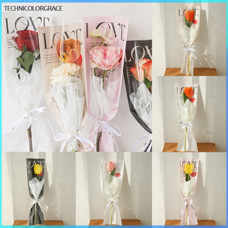 Technicolorgrace 20 ชิ้น LOVE โปร่งใส Rose ถุงบรรจุภัณฑ์ช่อดอกไม้ถุงพลาสติกช่อดอกไม้กระดาษห่อเดี่ยวหนึ่งตรงกระเป๋าดอกไม้บรรจุภัณฑ์ TCE