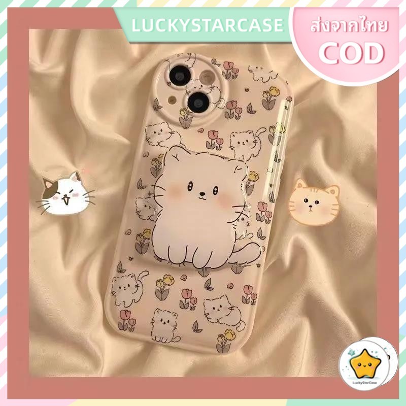 ลูกแมวสีขาวเรียบง่ายสำหรับ iPhone X XR XS เคสไอโฟน11 14 13 12Pro Max 7 8 14 Plus SE2020 เคสโทรศัพท์ป้องกันการตก