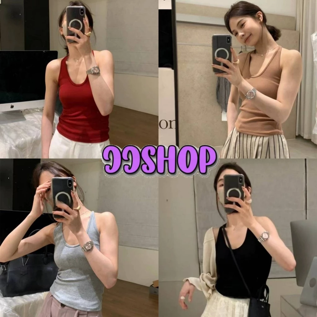 JJ Shop​💜​พร้อมส่ง เสื้อกล้าม มีฟองน้ำ ผ้าร่องเล็กฟิลคาวาอี้ สีพื้นยืดกำลังดี "FY298"