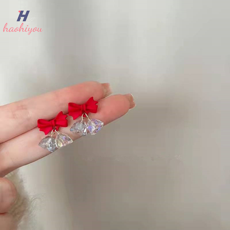 <haohiyou> ปีใหม่โบว์ต่างหูคริสตัลคริสต์มาสสีแดงฤดูใบไม้ร่วงฤดูหนาวต่างหูสตั๊ดระดับไฮเอนด์เครื่องประดับคริสต์มาสของขวัญ