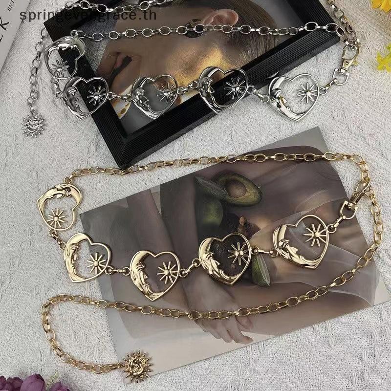 Springevengrace Harajuku Punk Moon เข็มขัดโลหะผู้หญิง Vintage Punk Gothic Moon Sun เอวสูงเข็มขัดจี้เข็มขัดหญิงใหม่