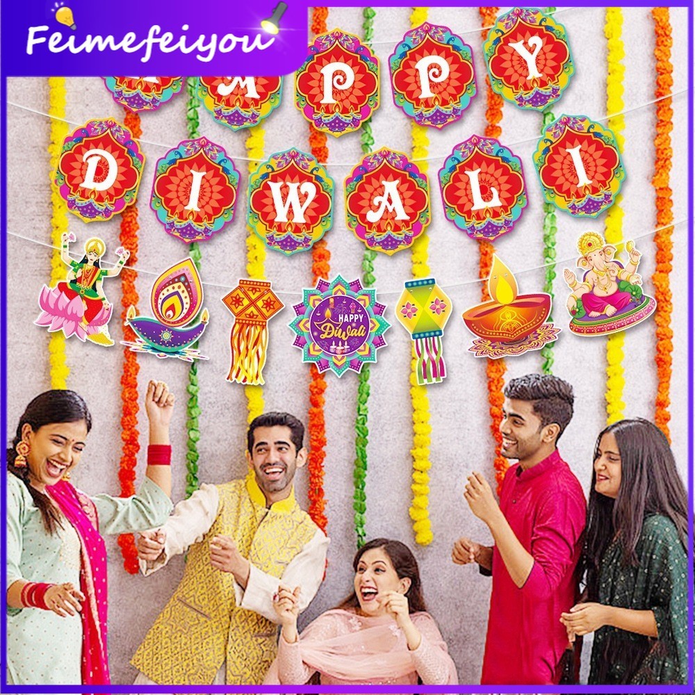 ใหม่ Diwali แบนเนอร์ตกแต่งปาร์ตี้ Happy Diwali ธงอุปกรณ์ตกแต่งเทศกาลอินเดีย[Happy Diwali]