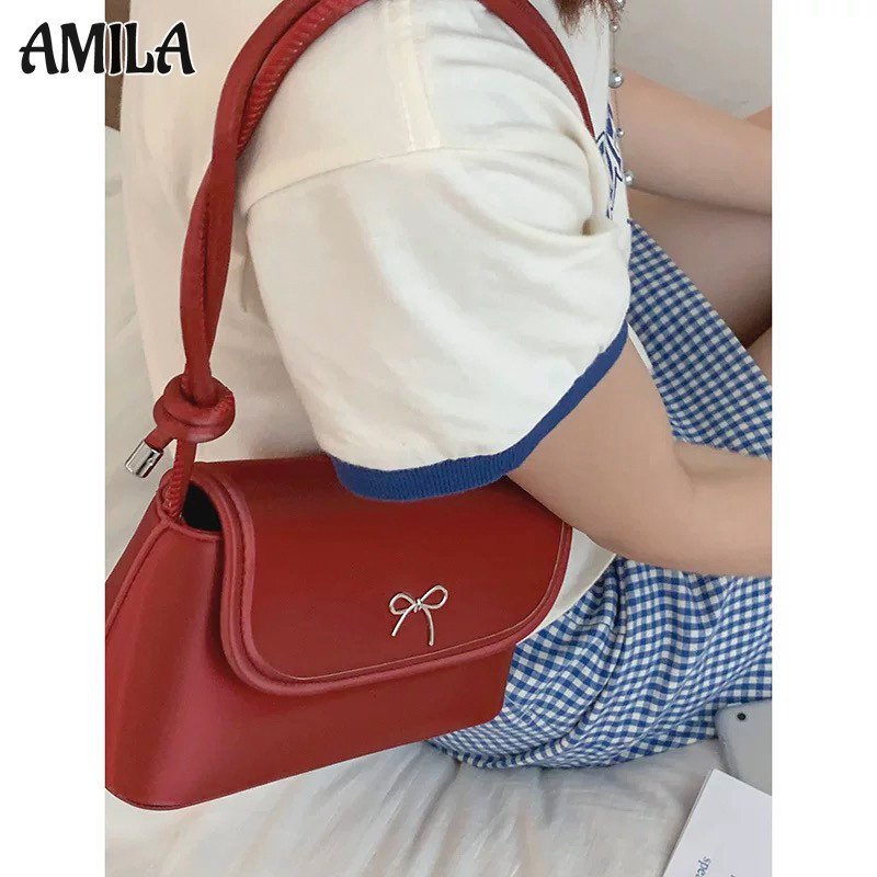 Amila Bowknot Ankela Red Fashion Korean Texture All-Match Casual Shoulder Messenger Bag