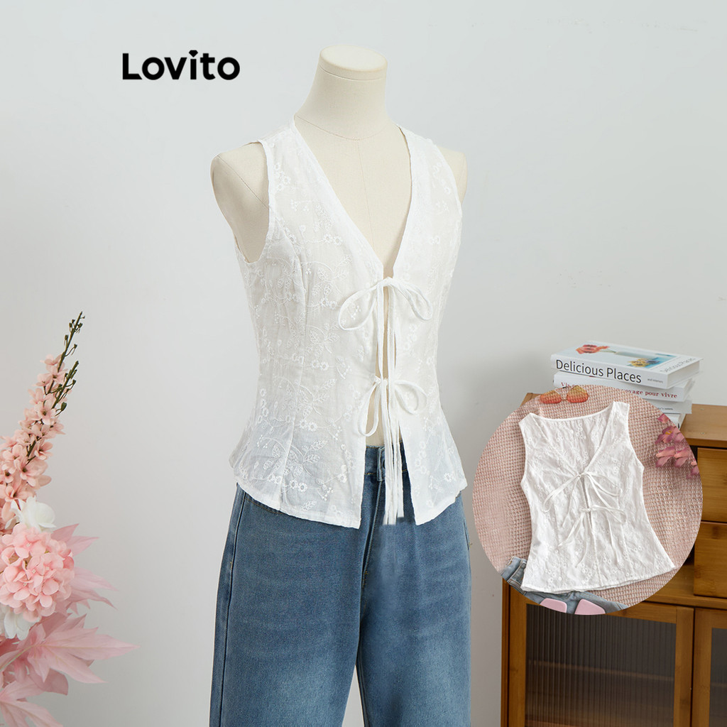 Lovito ตาไก่ธรรมดาสบาย ๆ เย็บปักถักร้อยลูกไม้ขึ้นเสื้อกล้ามสำหรับผู้หญิง L99ED1013