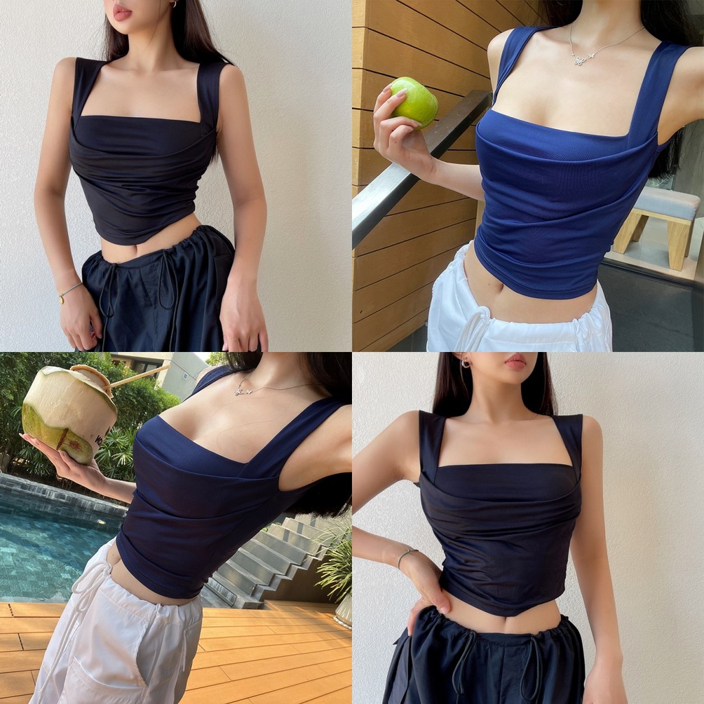Anne เสื้อกล้าม ไม่มีฟองน้ำ แขนกุด ผ้าลื่นๆ รัดรูป เสื้อครอป สไตล์เกาหลี เซ็กซี่ แฟชั่นฤดูร้อน #FY2095