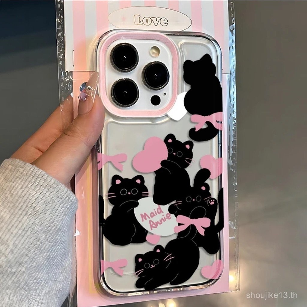 Love Pink Black Cat เคส iPhone ที่มีสไตล์และชัดเจนกรอบ TPU แบบนุ่มพร้อมฟังก์ชั่นดูดซับแรงกระแทกสำหรับ iPhone 11, 12, 13, 14, 15 PRO MAX, 7plus, 8PLUS, 11pro, 13pro, X, XR, XS MAX 8tgs