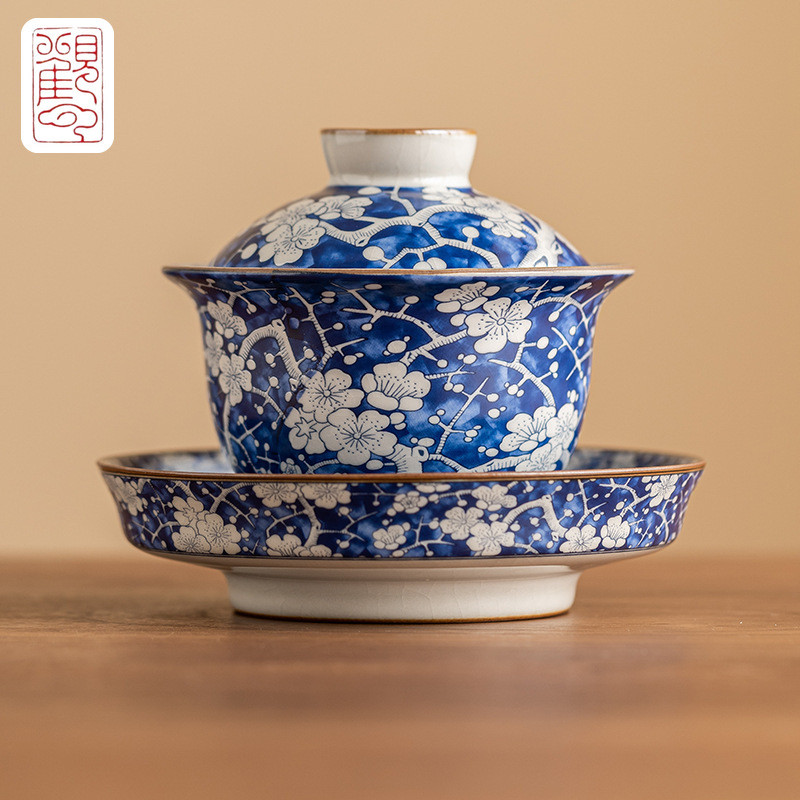 Ru Kiln Ice Plum Blue White Ingot Gaiwan Tea Bowl ถ้วยชาระดับไฮเอนด์เดี่ยวขนาดใหญ่ Kung Fu Sancai ชามชาไม่ร้อน [T2-008-03]