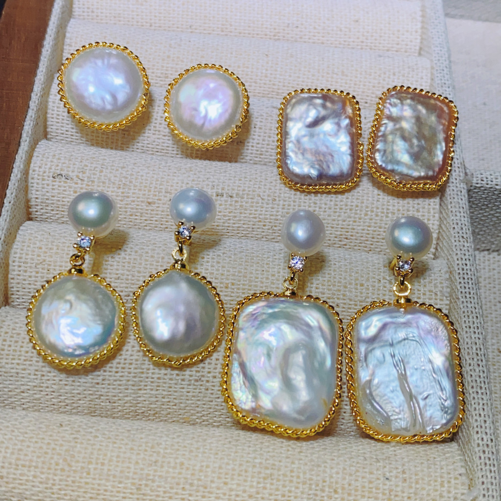 พู่ย้อนยุคท่าเรือสไตล์มุกน้ําจืดธรรมชาติบาร็อคปุ่มต่างหูลูกปัด