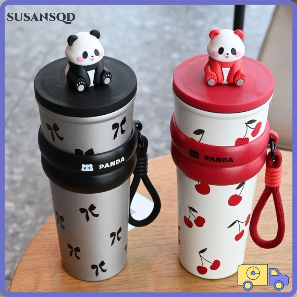 Susansqd การ์ตูน Panda Thermos Cup, 700ML พร้อมเชือกยกขวดน้ําความร้อน,ของขวัญแบบพกพา 316 สแตนเลสเด็กถ้วยสูญญากาศเด็กชายและเด็กหญิง