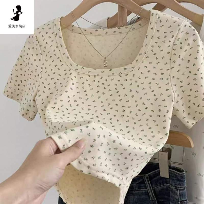 Fast Shipping สไตล์ใหม่ Apricot ดอกไม้ขนาดเล็กด้านหน้าไหล่แขนสั้นเสื้อยืดผู้หญิง 2024 ฤดูร้อน Slim-Fit Slimmer ดูสั้นแฟชั่น Top