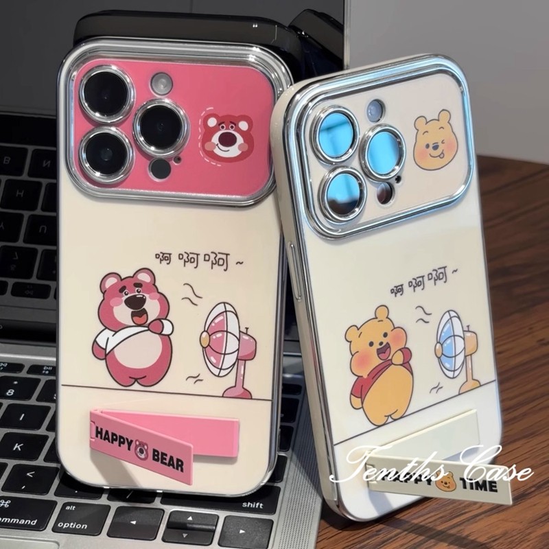 ใช้งานร่วมกับสําหรับiphone 16 11 15 14 13 12 Pro Max X XR Xs Max 8 7 6s Plus SE 2020 หมีน่ารักพัดลมวงเล็บชุบหน้าต่างขนาดใหญ่เคสโทรศัพท์ปกอ่อน