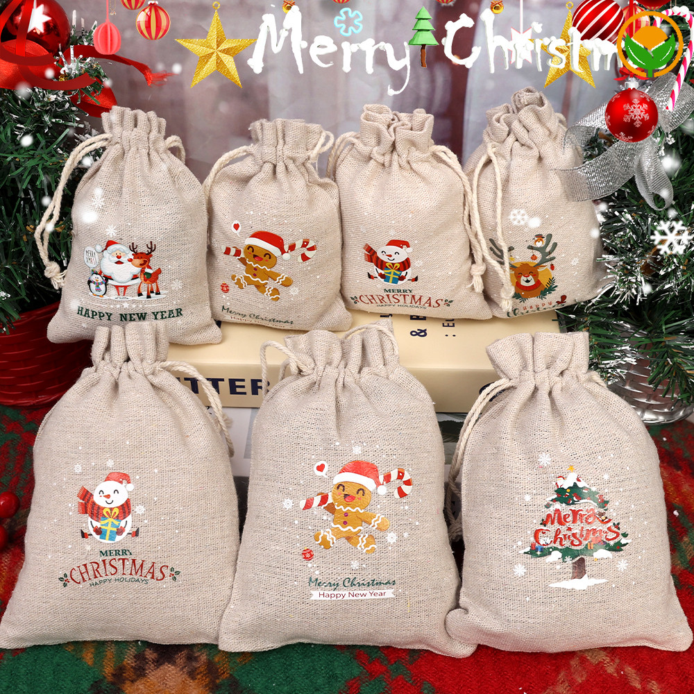 Christmas Series รูปแบบผ้าลินินของขวัญ Drawstring กระเป๋าเทศกาลอุปกรณ์บรรจุ Xmas Candy ช็อกโกแลตขนมขบเคี้ยวน่ารักของขวัญ Bundle กระเป๋า