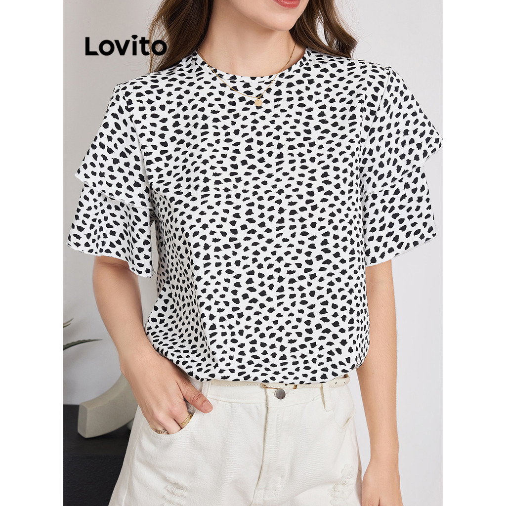 Lovito เสื้อเบลาส์ผู้หญิง ลายจุด แต่งระบาย สไตล์ลำลอง L95ED877