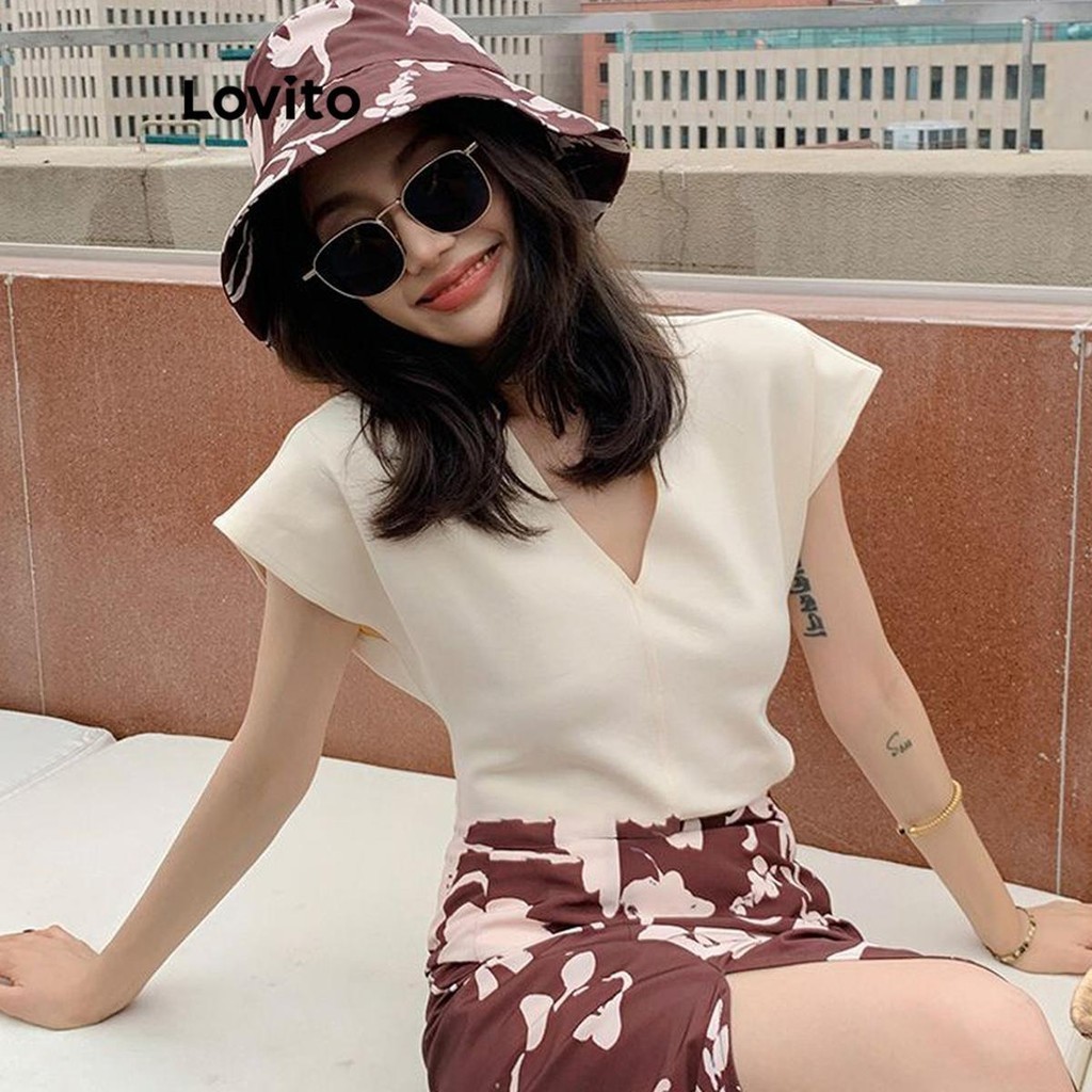 Lovito เสื้อเบลาส์ผู้หญิง เบสิก สีพื้น สไตล์ลำลอง LNE61143