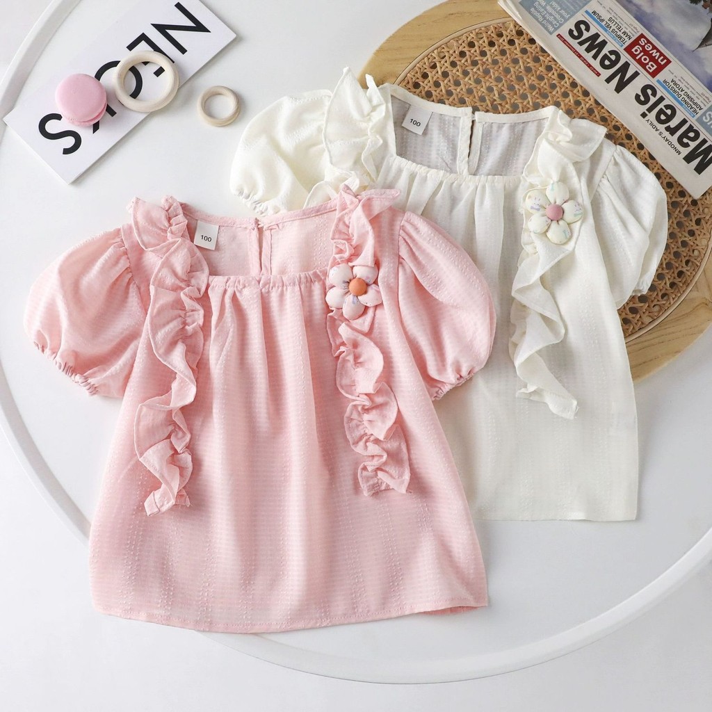 Girls 'summer shirt New Baby Girls 'fancy T-shirt cracked Sleeves ruffled Princess snowstorm SHORT Sleeves (0-6.5 years)