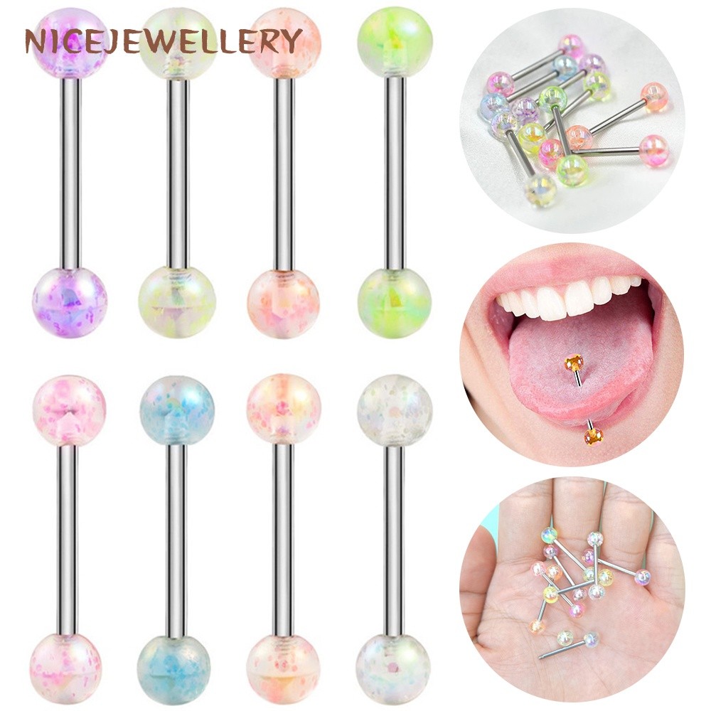 1 PC 14G แหวนลิ้นหลากสีอะคริลิค Double Ball เจาะสแตนเลสอุตสาหกรรม Barbell เจาะ