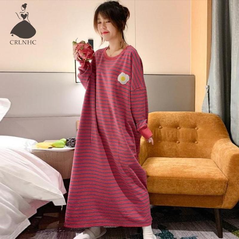 Crlnhc ฤดูใบไม้ร่วงและฤดูหนาวแฟชั่น Leisure Home หลวมแขนยาวผลไม้พิมพ์ Nightdress Th