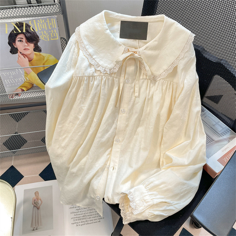 ขายร้อน! เสื้อคอตุ๊กตา F & X เสื้อเชิ้ตแขนยาวลูกไม้แนวสวยหวานสไตล์ฝรั่งเศสสำหรับผู้หญิงเสื้อใส่ด้านในสไตล์ชิวๆสำหรับฤดูใบไม้ร่วงสำหรับคนตัวเล็กสไตล์ BF