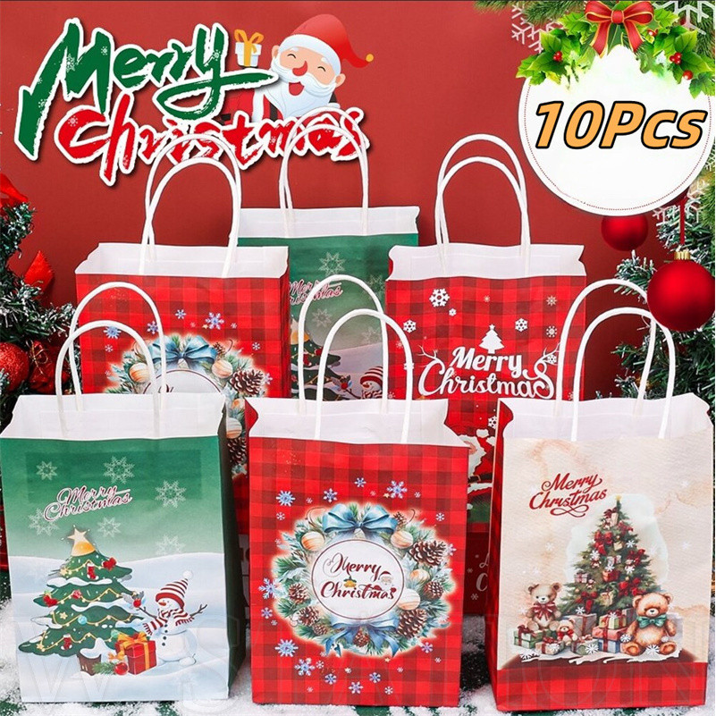 10 ชิ้น Xmas Party Present กระเป๋า - กระเป๋าถือกระดาษคราฟท์คริสต์มาส - Santa Claus, Snowman, Reindeer รูปแบบ - ถุงบรรจุภัณฑ์คุกกี้ลูกกวาด - แบบพกพา, นํากลับมาใช้ใหม่, ตกแต่งงานปาร์ตี้