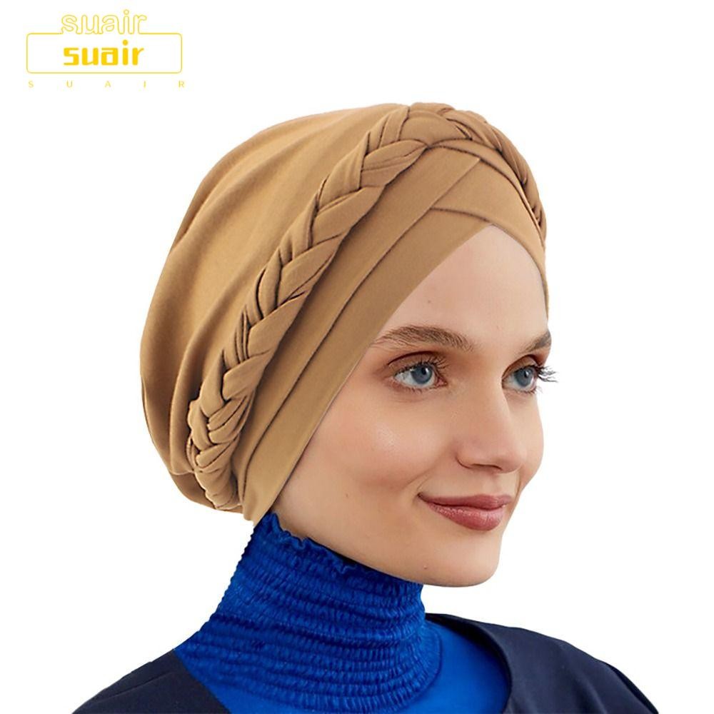 Suair Chemo Sleep Turban,ผมร่วงมะเร็ง Chemo Hijab Braid Silky Turban หมวก, แฟชั่น Twisted สีทึบ Beanies หมวกผู้หญิง