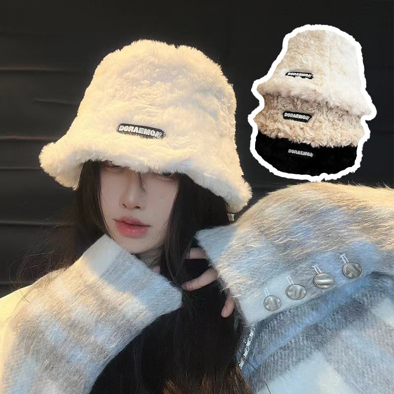 Furry Bucket หมวกผู้หญิงขนแกะหรูหราสําหรับตัวอักษรเวอร์ชั่นเกาหลีอบอุ่นเหมาะสําหรับฤดูใบไม้ร่วงฤดูหน