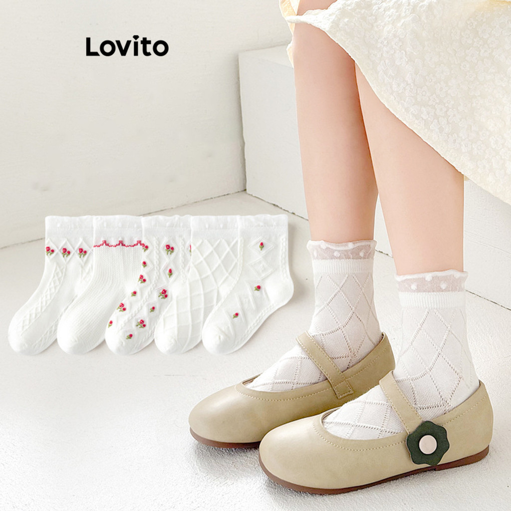 Lovito ถุงเท้าโบว์ลายการ์ตูนน่ารักสำหรับเด็กและเด็ก LNA86032