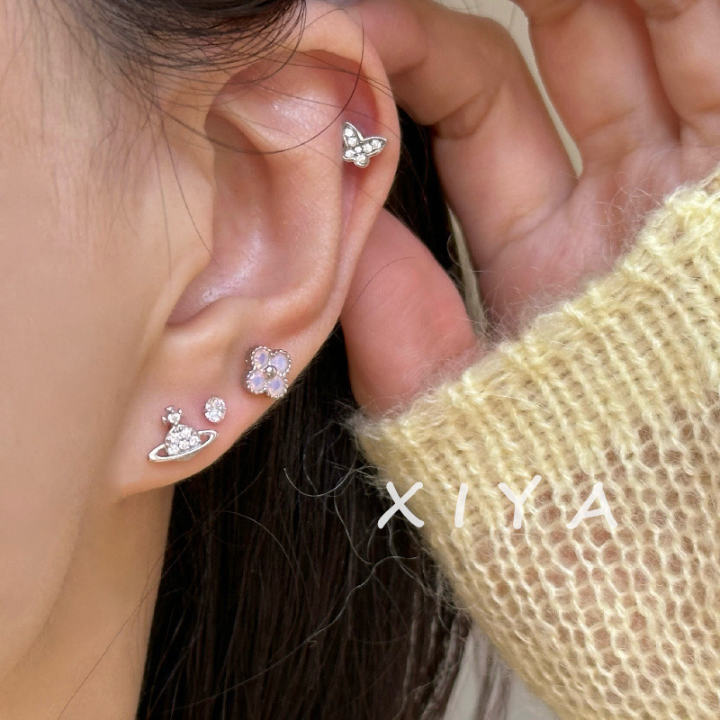 Xiya ประณีต Mini Zircon เปิดต่างหูลูกปัด Rhinestone Planet ดอกไม้ผีเสื้อต่างหูชุด