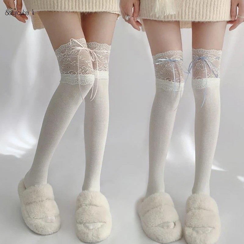 Autumn Winter Kawaii Bow Ribbon Lace Thigh High Socks Lace Cute Lolita Girls Thick Warm Over The Knee Long Stockings