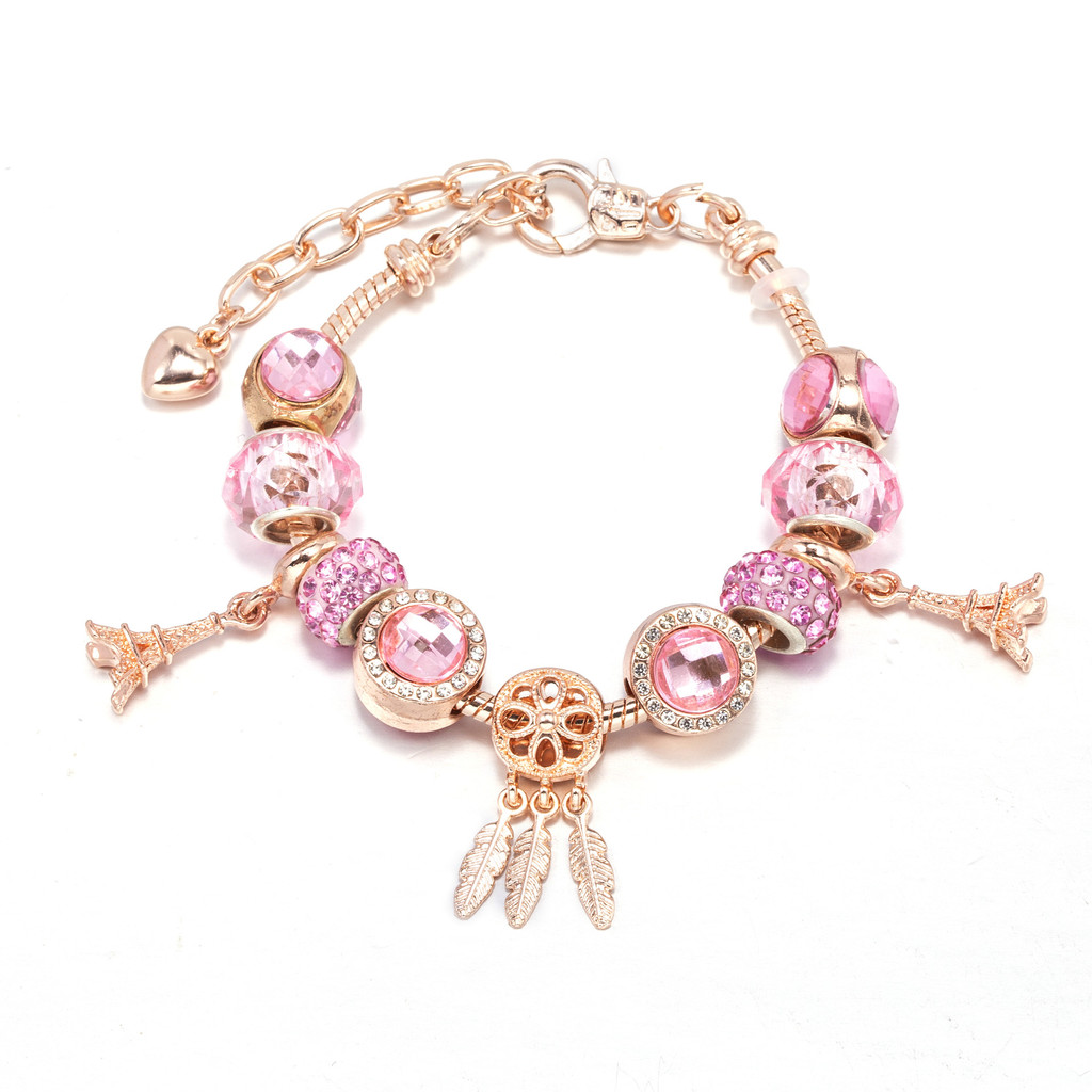 สร้อยข้อมือของ Pan DIY Multi-Element Rose Gold Dream Catcher หอไอเฟล Rhinestone เครื่องประดับแฟชั่น