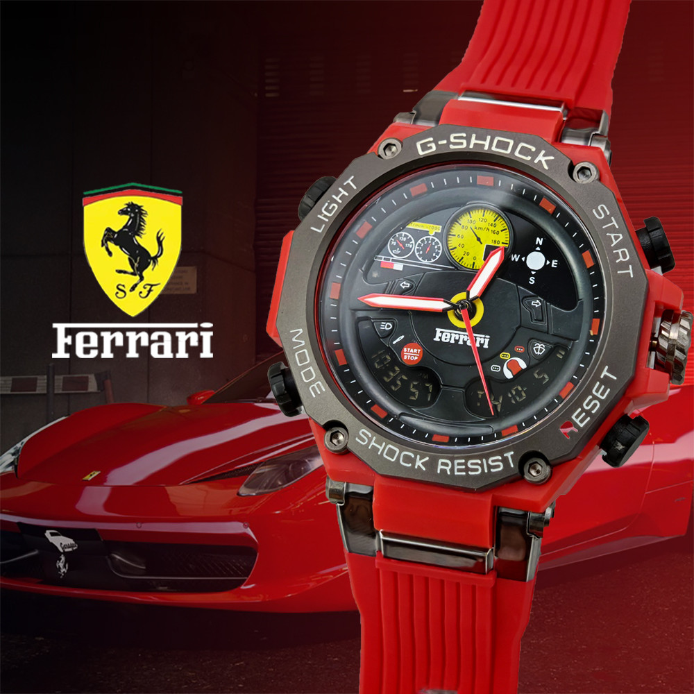 Ferrari Mens Sports Big Dial Multi-function Rubber Waterproof Quartz นาฬิกาดิจิตอล