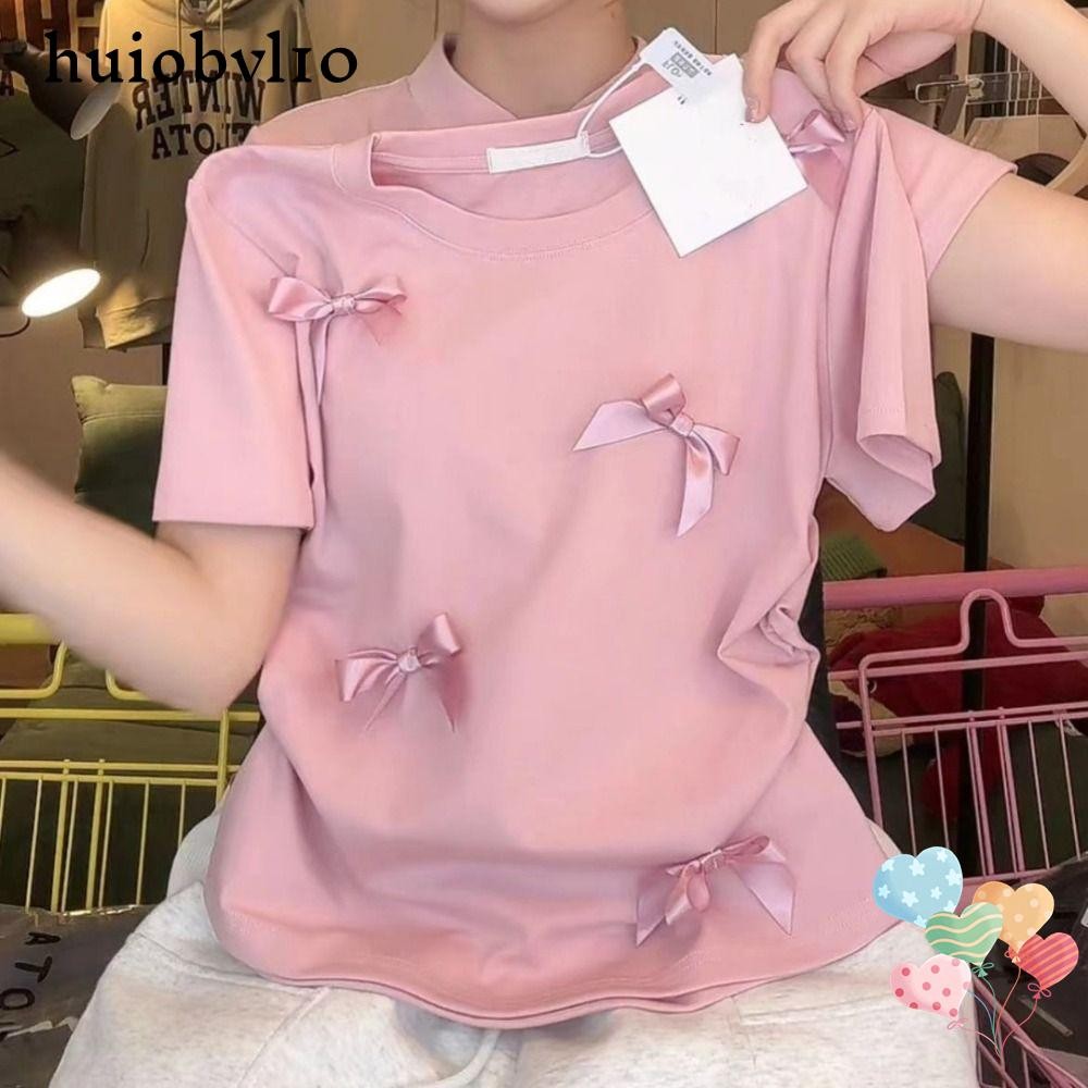 Huiobvl10 ผู้หญิง,บัลเล่ต์แขนสั้น Bowknot T เสื้อ, Elegant สีทึบรอบคอสไตล์ญี่ปุ่นริบบิ้น Crop Tank Top ผู้หญิงสาว