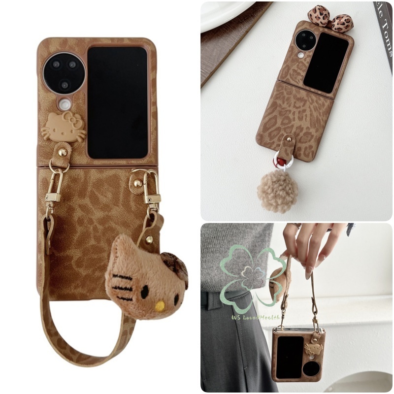 น่ารัก 3D Cat Bowknot เสือดาวพิมพ์ซองหนัง OPPO Find N3 N2 Flip Casing with Soft Hairball จี้กันกระแทก
