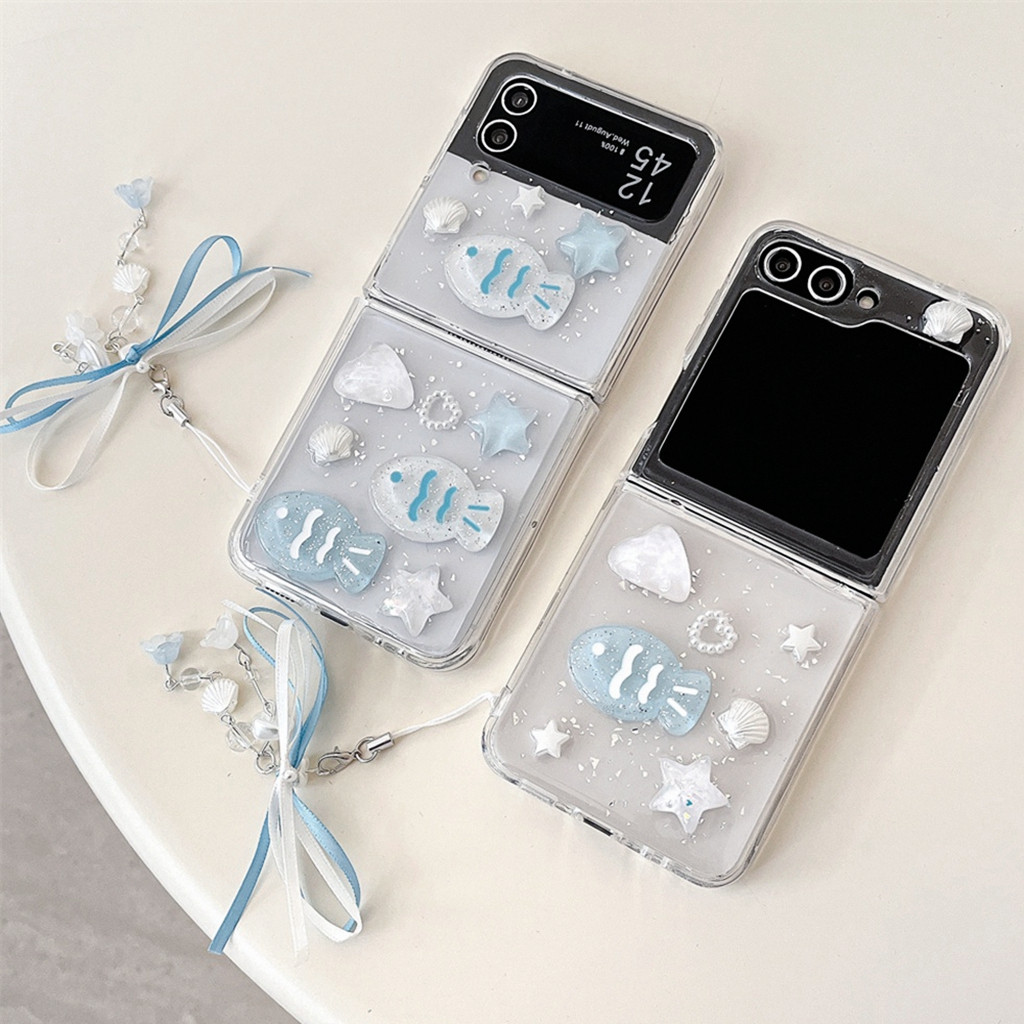 SAMSUNG สําหรับsamsung Z Flip 4 5 6 ZFoldสด 3DปลาShells Star DecorกันกระแทกTPU Anti-Scratchเคสโทรศัพท์พร้อมBowknotจี้Fall-Proofเกราะป้องกัน