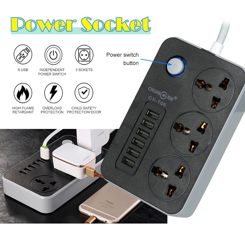 จัดส่งด่วนในกรุงเทพฯ แบบพกพา ปลั๊กไฟ ปลั๊ก usb 6ช่อง สายยาว 2 เมตร ปลั๊กพ่วง
