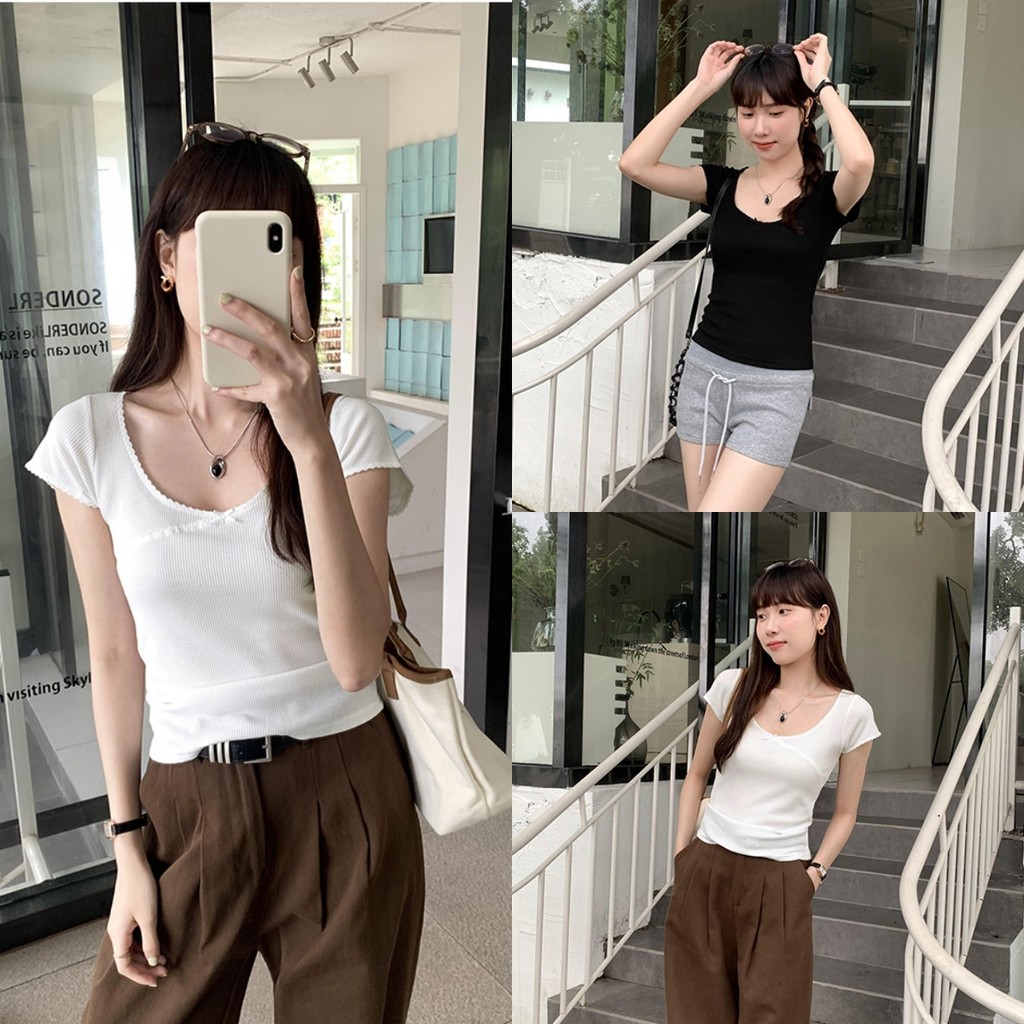 Bella Shop ผ้าวาฟเฟิล เย็บลูกไม้ เสื้อยืดคอกลมต่ำ เสื้อแขนสั้นเข้ารูปสำหรับผู้หญิงรุ่นใหม่