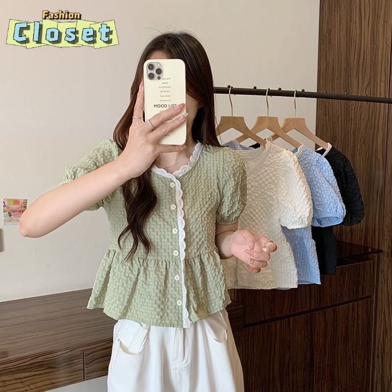 Cilset🌸พร้อมในสต็อก🌸ผู้หญิงเ เสื้อไหมแขนสั้น ไหมพรมทรงเกาหลีคอเสื้อแต่งลายลูกไม้น่ารักมาก /60109