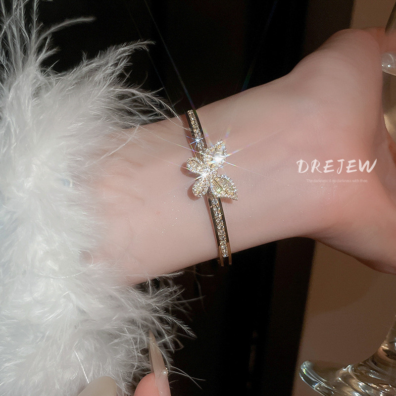 DREJEW ทองแท้เคลือบด้วยไฟฟ้าไมโครไฟเพทายผีเสื้อสร้อยข้อมือฝรั่งเศสที่สวยหรูปรับสร้อยข้อมือ