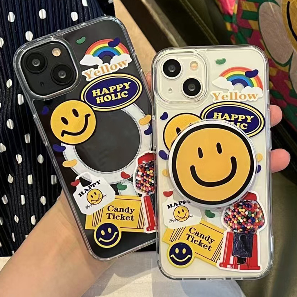 Magnetic Rainbow smiley face Bracket Anti Fallเคสโทรศัพท์สําหรับiPhone 16ProMax 16Pro 16Plus 15ProMax 15 16 14 13 12 11ProMaxคลุมทั้งหมดกันกระแทกป้องกันอะคริลิคปลอก