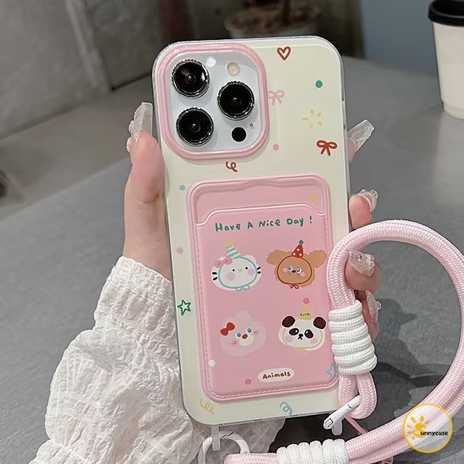 เคสแบบนุ่มพร้อมสายคล้องสำหรับใส่บัตรรูปแพนด้าลูกสุนัขสุดน่ารัก เข้ากันได้กับ IPhone XR 7Plus 11 14 13 15 12 16 Pro Max X