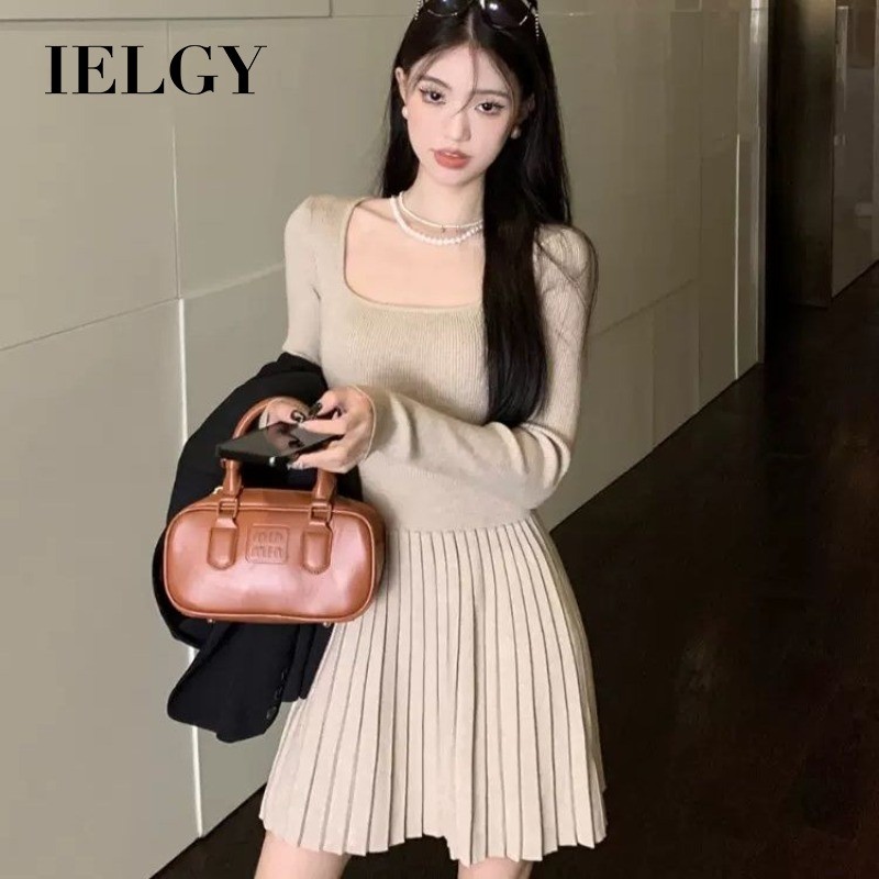 IELGY ชุดเดรสผ้าถักจับจีบทรงเข้ารูปสําหรับผู้หญิง