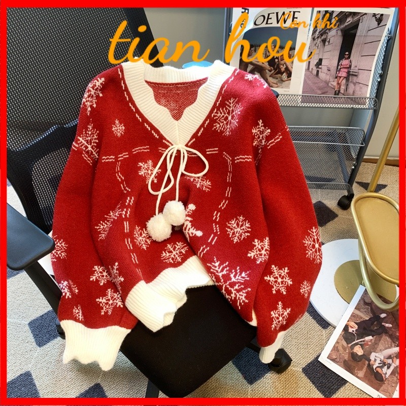 สินค้าใหม่เสื้อสเวตเตอร์ผู้หญิงใส่ด้านนอกหลวมสบายสไตล์ใหม่คริสต์มาสเสื้อสเวตเตอร์สีแดงเสื้อสเวตเตอร์แขนยาวสไตล์ตะวันตกใส่แล้วดูผอมผู้หญิง9li1