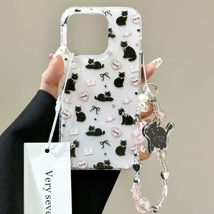 เคสโทรศัพท์โซ่จี้ลูกแมวสีชมพูน่ารักสําหรับ iPhone16 Pro Max 15 14 13 Pro Max กล้องกันกระแทกป้องกันการตกหล่น ฝาครอบด้านหลังแข็งสองเท่า