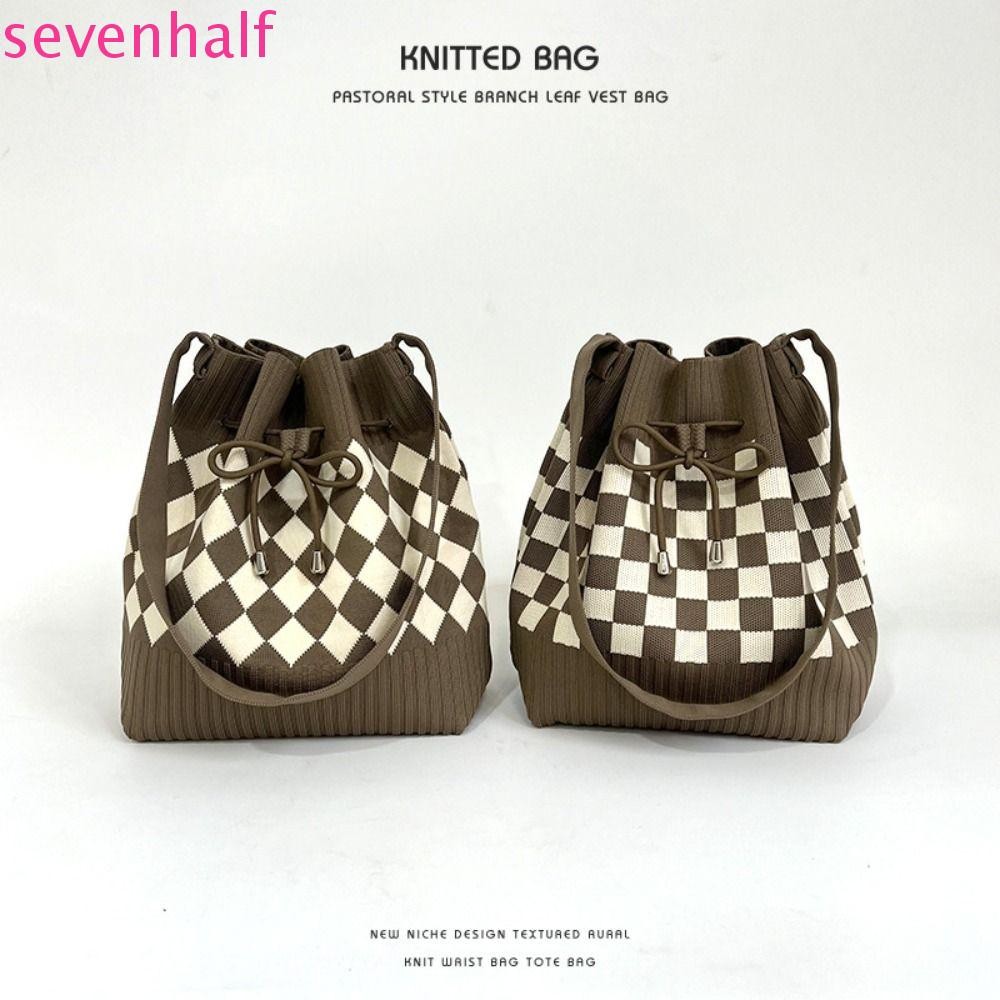 Sevenhalf กระเป๋าเพชร, กระเป๋าถือ Commute Houndstooth Bucket Bag, แฟชั่นกระเป๋านุ่มขนาดใหญ่ความจุถัก Checked กระเป๋าสะพาย